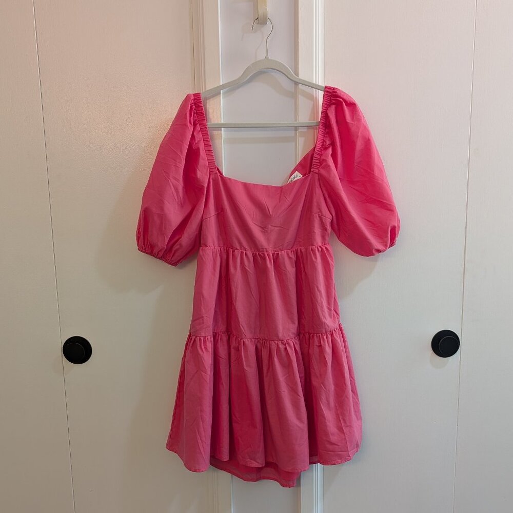 OWNGIGI Pink Square Neck Puff Sleeve A-Line Mini Dress Size L NWT